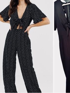 FASHION UNION Black Jumpsuit w Plunge V-neck Tie Front
